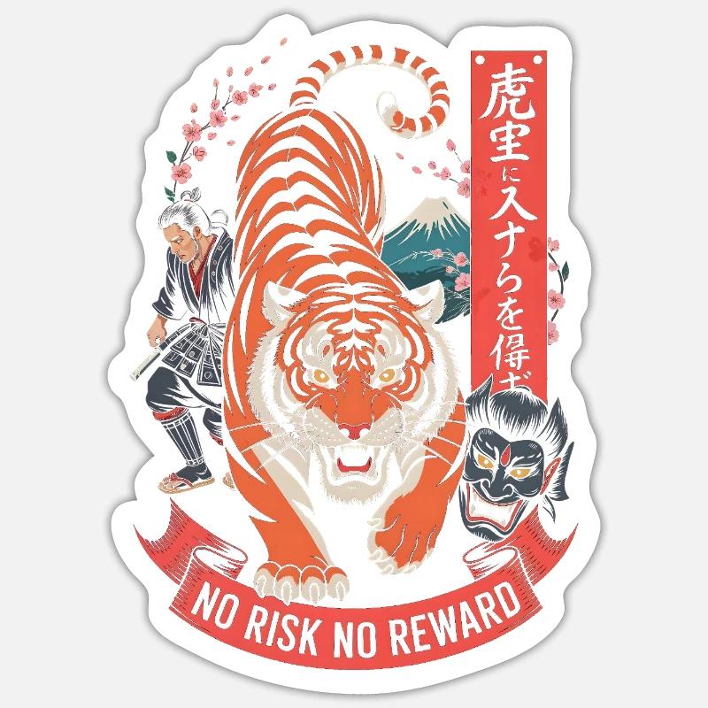 Kein Risiko Keine Belohnung Tiger-Samurai-Design - Sticker Größe S (10 x 10 cm) - Mattweiß