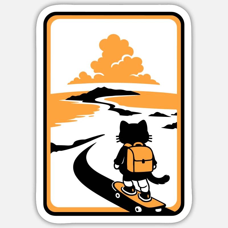Coucher de soleil Skate Cat - Sticker taille S (10 x 10 cm) - blanc mat