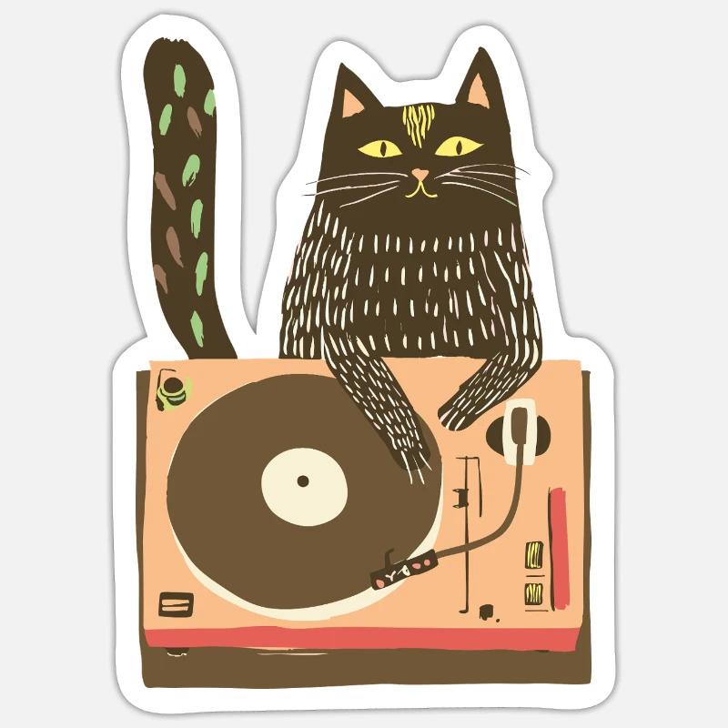 DJ chat sur platine vinyle - Sticker taille S (10 x 10 cm) - blanc mat