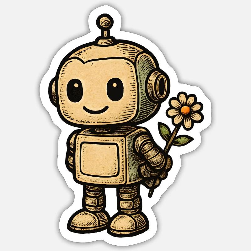 Robot mit Blume - Sticker Größe S (10 x 10 cm) - Mattweiß