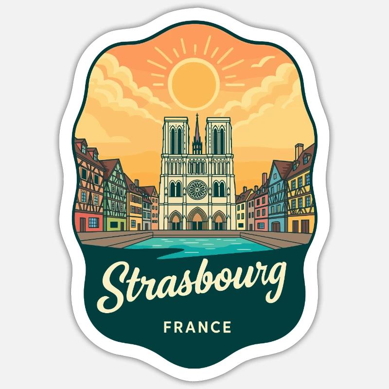 Straßburger Kathedral Retro-Sonnenuntergangsabzeichen - Sticker Größe S (10 x 10 cm) - Mattweiß