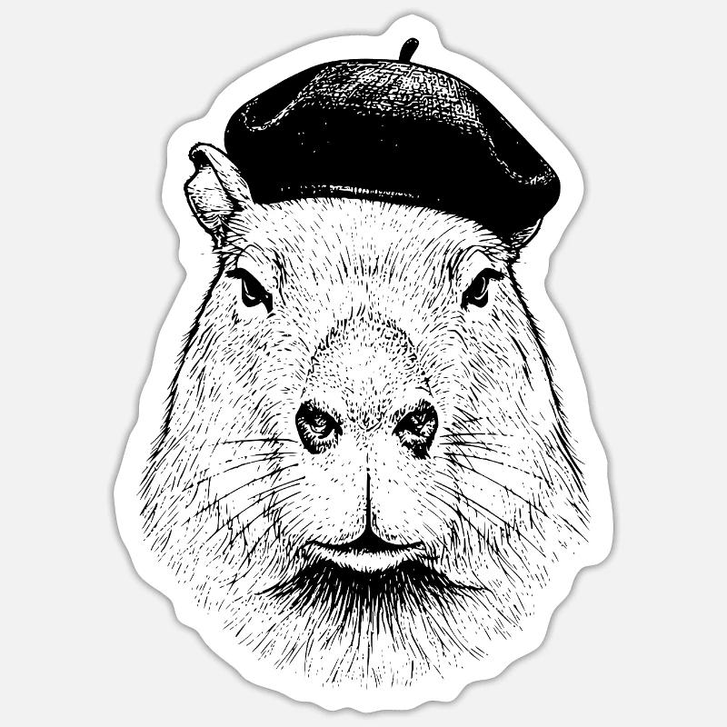 Capybara Avec Béret - Sticker taille S (10 x 10 cm) - blanc mat