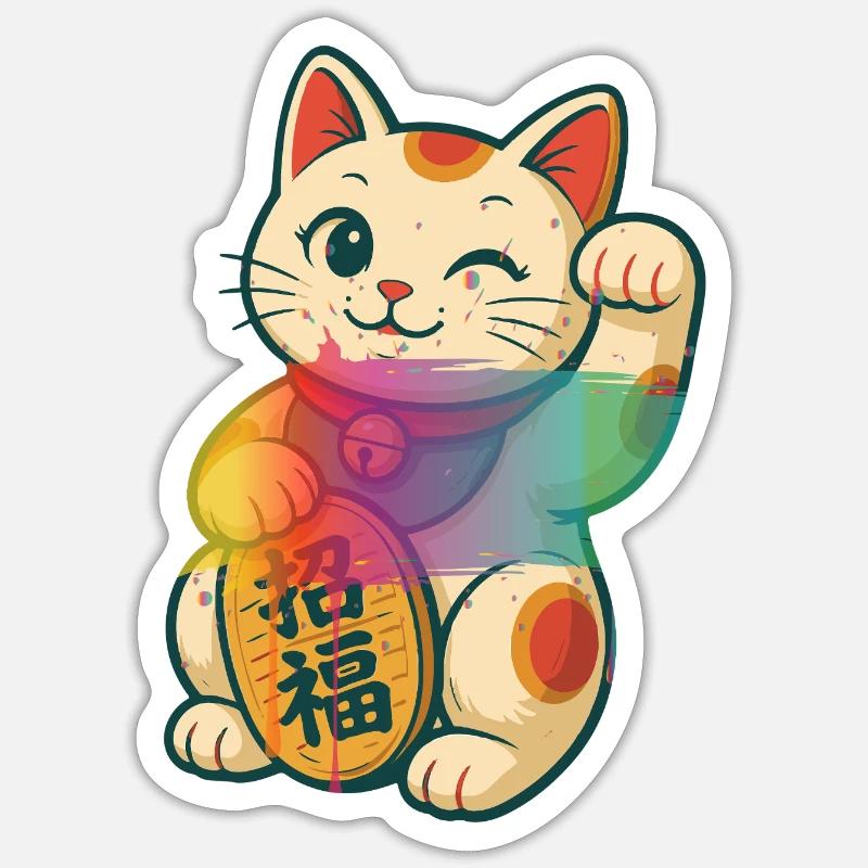 Winkende Glückskatze mit Regenbogen Effekt - Sticker Größe S (10 x 10 cm) - Mattweiß