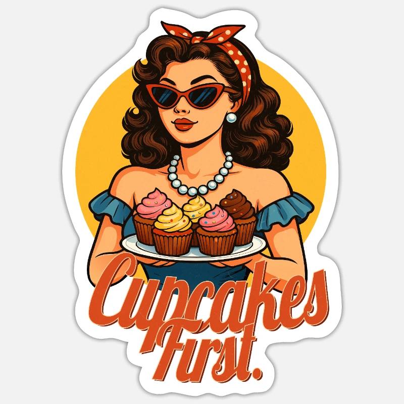 Cupcakes First Retro Pin Up Design - Sticker Größe S (10 x 10 cm) - Mattweiß