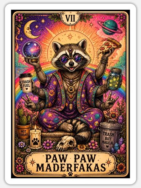 Paw Paw Maderfakas – Magischer Waschbär - Sticker Größe S (10 x 10 cm) - Mattweiß