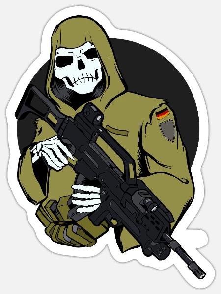 Skelett im Tarnmantel mit Gewehr - Sticker Größe S (10 x 10 cm) - Mattweiß
