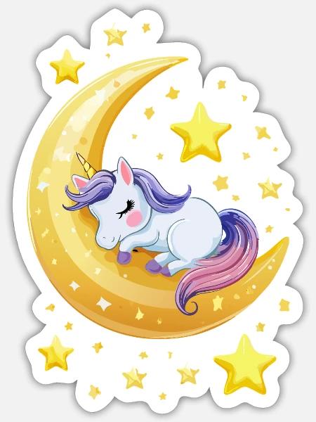 Schlafendes Baby Einhorn auf Mond Vektor Design - Sticker Größe S (10 x 10 cm) - Mattweiß