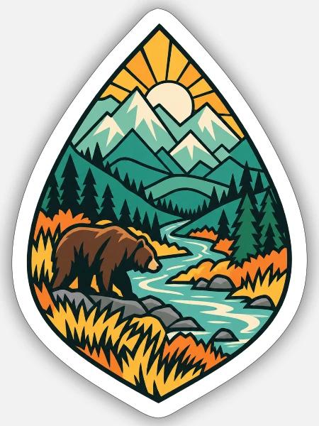 Bär in Berglandschaft am Fluss - Sticker Größe S (10 x 10 cm) - Mattweiß