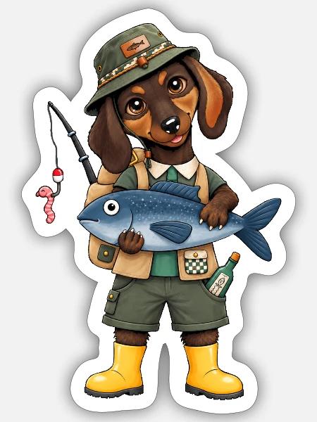 Dackel Angler Was für ein Fang! - Sticker Größe S (10 x 10 cm) - Mattweiß
