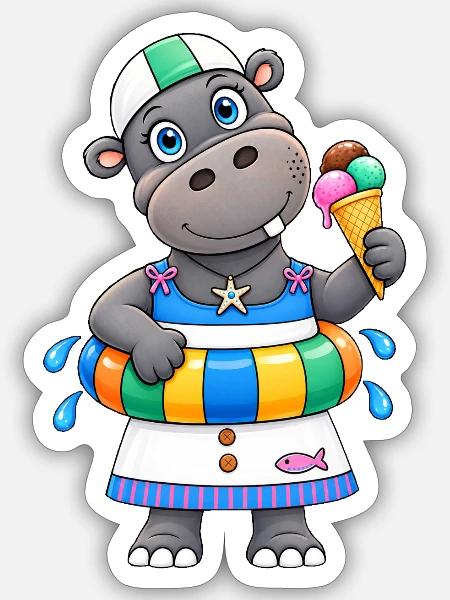 Nilpferd Sommer Lustiges Hippo - Sticker Größe S (10 x 10 cm) - Mattweiß