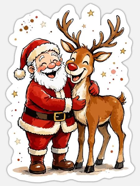 Santa und Rentier Umarmung - Sticker Größe S (10 x 10 cm) - Mattweiß