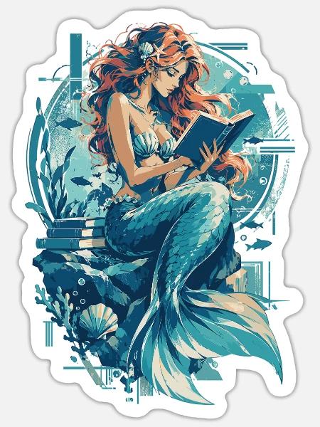 Meerjungfrau im Lesezauber: Bücherwurm - Sticker Größe S (10 x 10 cm) - Mattweiß