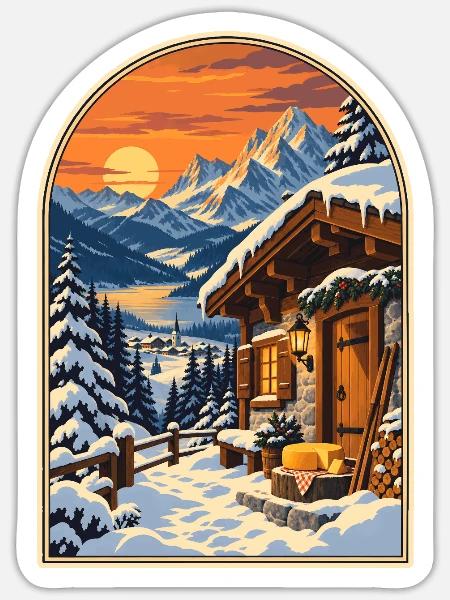Alpenchalet bei Sonnenuntergang Reiseplakat - Sticker Größe S (10 x 10 cm) - Mattweiß