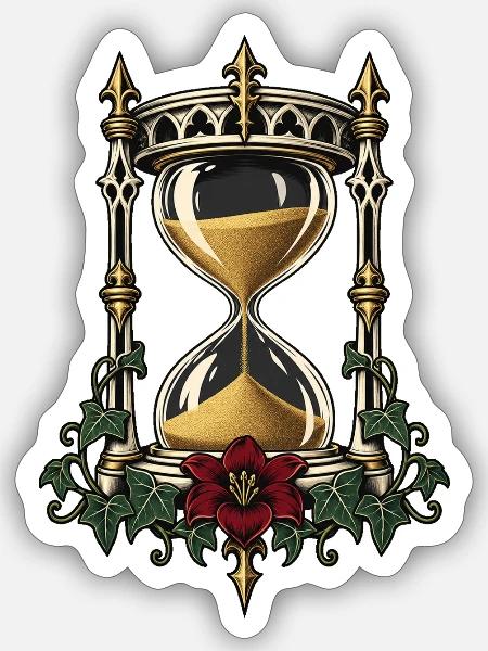 Sanduhr mit Efeu – Gothic Art - Sticker Größe S (10 x 10 cm) - Mattweiß
