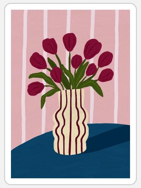 Tulpenstrauß in gestreifter Vase - Sticker Größe S (10 x 10 cm) - Mattweiß