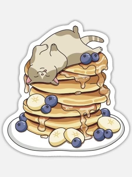 Satte Katze auf Pfannkuchen – Rund & Glücklich - Sticker Größe S (10 x 10 cm) - Mattweiß