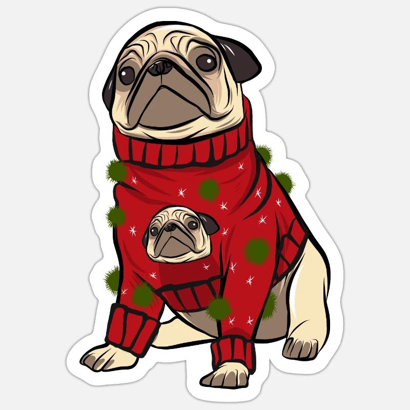 Mops im hässlichen Weihnachtspullover - Sticker Größe S (10 x 10 cm) - Mattweiß
