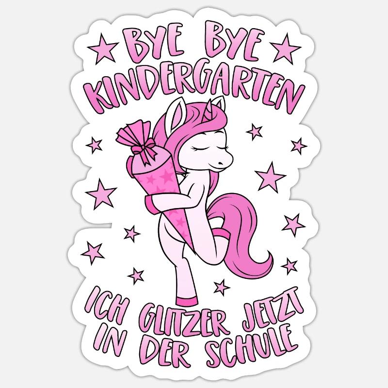 Einhorn Bye Bye Kindergarten Glitzer Schule Rosa - Sticker Größe S (10 x 10 cm) - Mattweiß