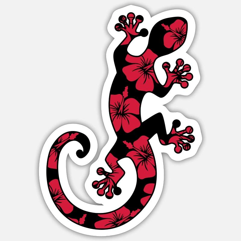 Gecko, lizard, hibiscus, flowers, beach, surf, sun - Sticker size S (10 x 10 cm) - white matte