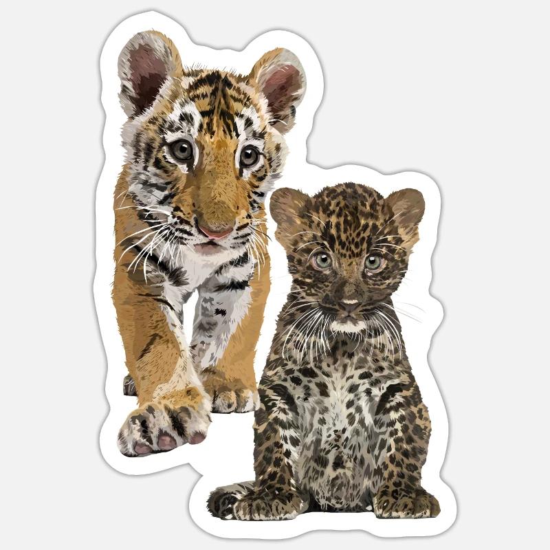 Léopard et tigre - Sticker taille S (10 x 10 cm) - blanc mat
