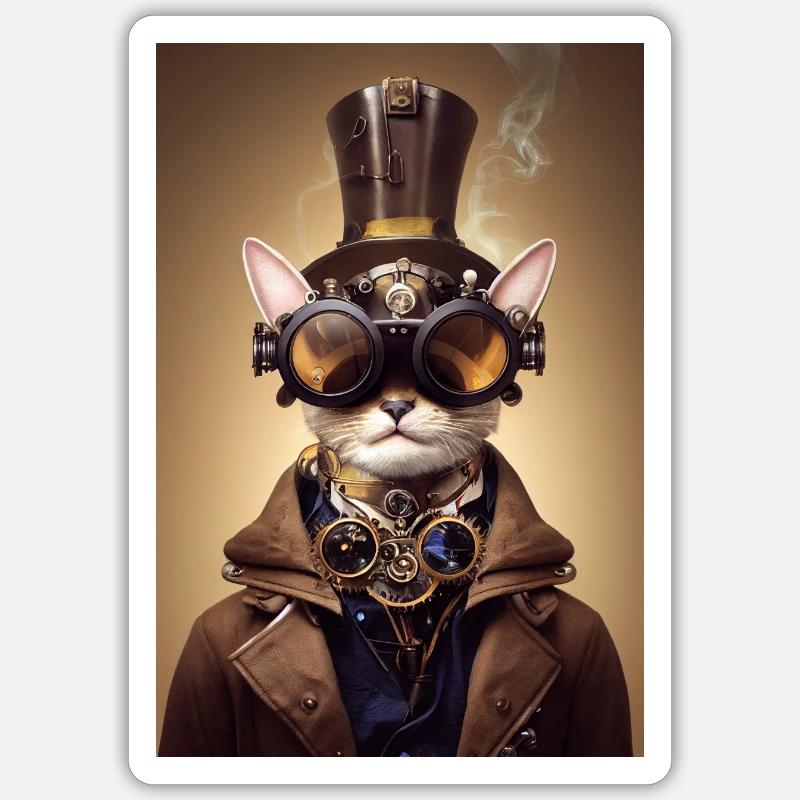 Cat Steampunk Engineer Glasses - Sticker size S (10 x 10 cm) - white matte