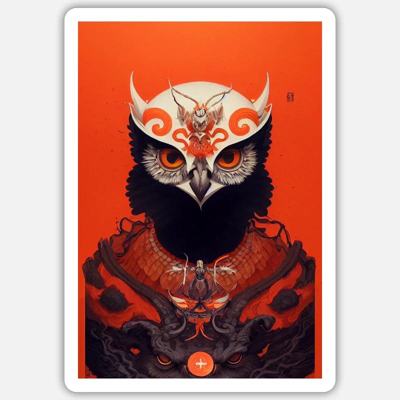 Owl Japanese Red Samurai - Sticker size S (10 x 10 cm) - white matte