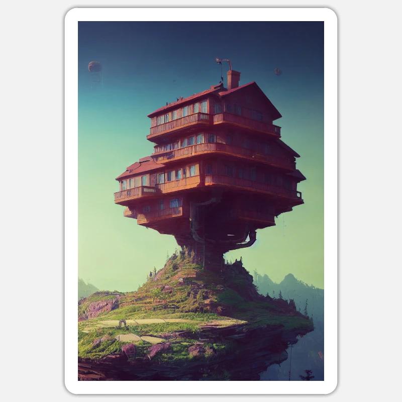 fantasy house on mountain clif - Sticker Größe S (10 x 10 cm) - Mattweiß