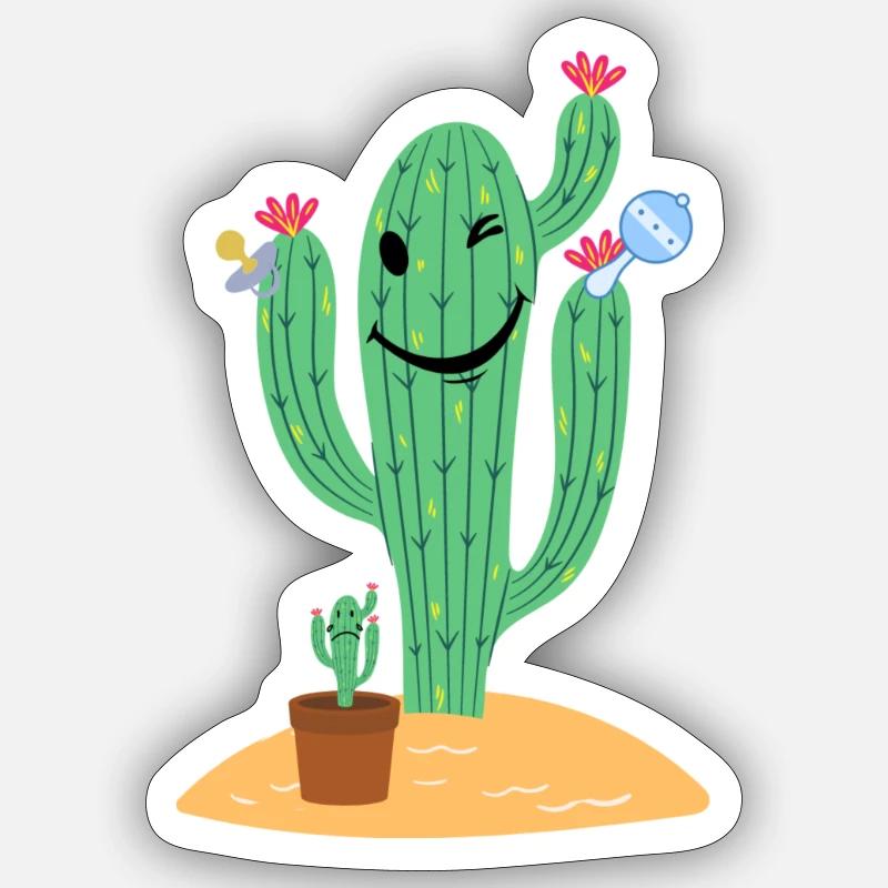 Cactus avec bébé - Sticker taille S (10 x 10 cm) - blanc mat