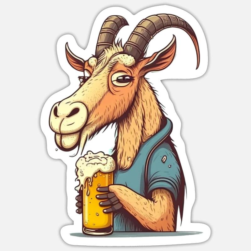 Lustiger Biertrinker, der Ziegenbock - Sticker Größe S (10 x 10 cm) - Mattweiß