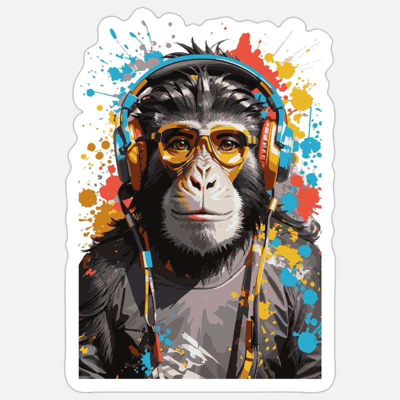 DJ monkey Affen Graffiti Design - Sticker Größe S (10 x 10 cm) - Mattweiß
