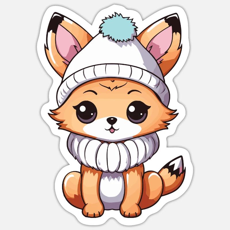 Fox Cute Winter Comic Hat Sticker size S (10 x 10 cm)