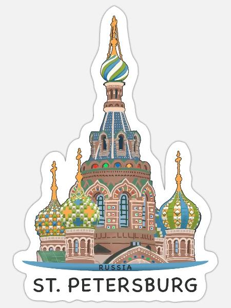 St. Petersburg, Kirche, Russland, Strichzeichnung - Sticker Größe S (10 x 10 cm) - Mattweiß
