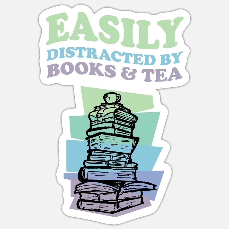 Easily Distracted By Books And Tea Buch Tee Bücher Sticker Größe S (10 x 10 cm)