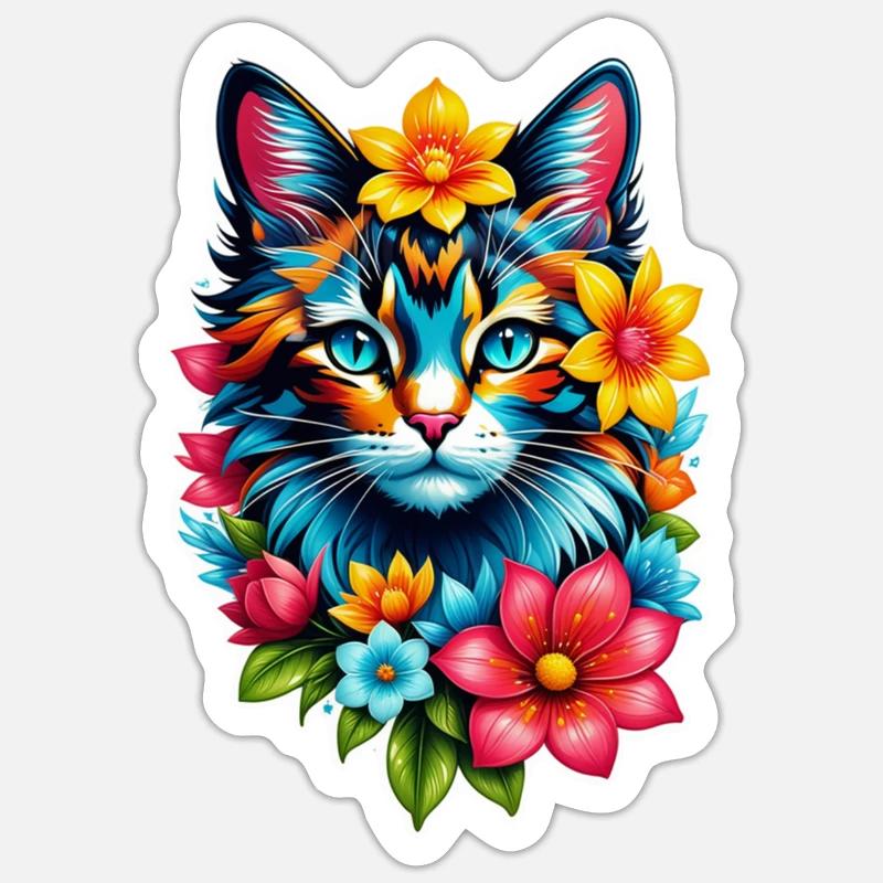 chat et fleur aquarelle - Sticker taille S (10 x 10 cm) - blanc mat