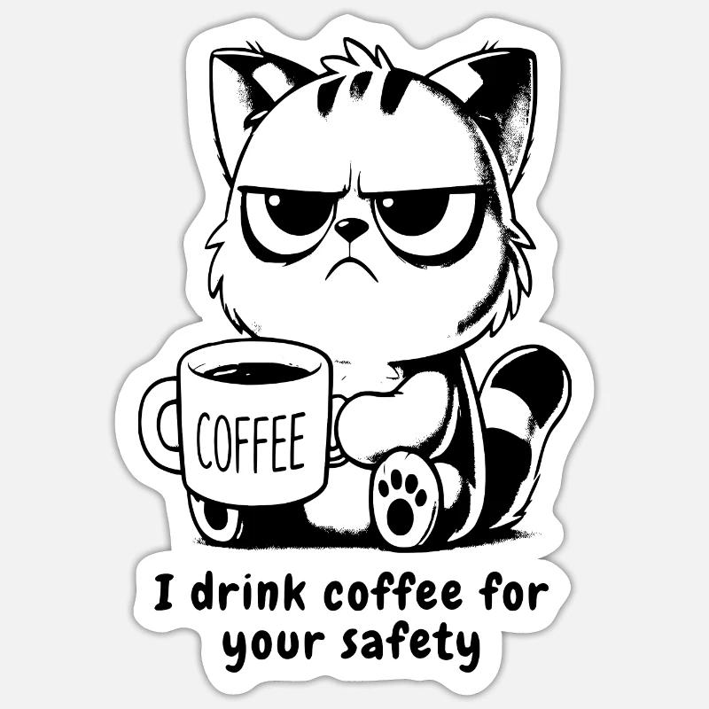 Chat Crumpy avec Caffee - Sticker taille S (10 x 10 cm) - blanc mat