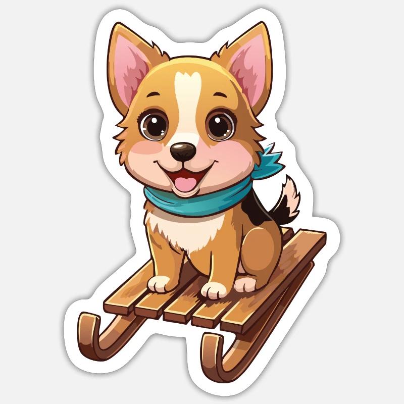 Lustiger Hund mit Schlitten - Sticker Größe S (10 x 10 cm) - Mattweiß