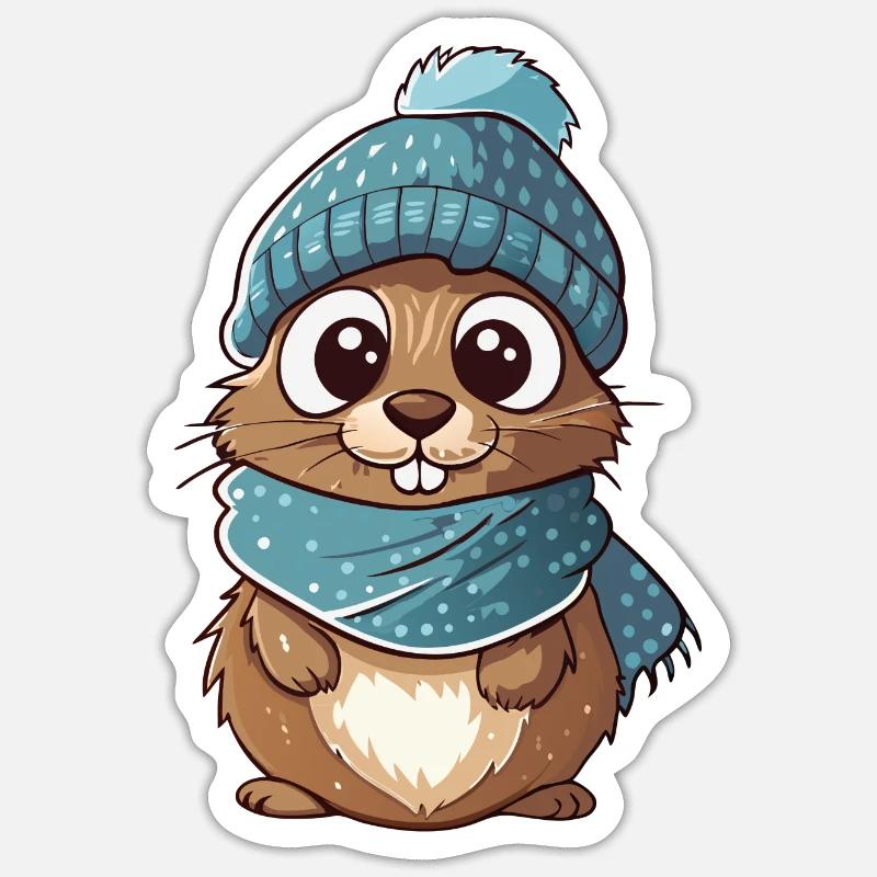 Mignon gopher avec écharpe et chapeau à pompon. Sticker taille S (10 x 10 cm)