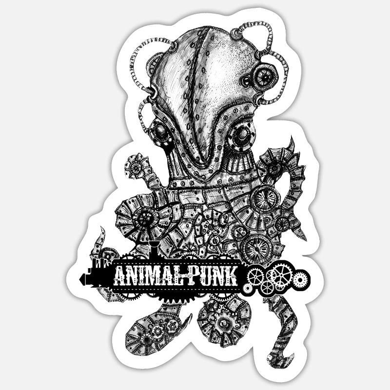 Mr.Octopus SteamPunk - Sticker taille S (10 x 10 cm) - blanc mat