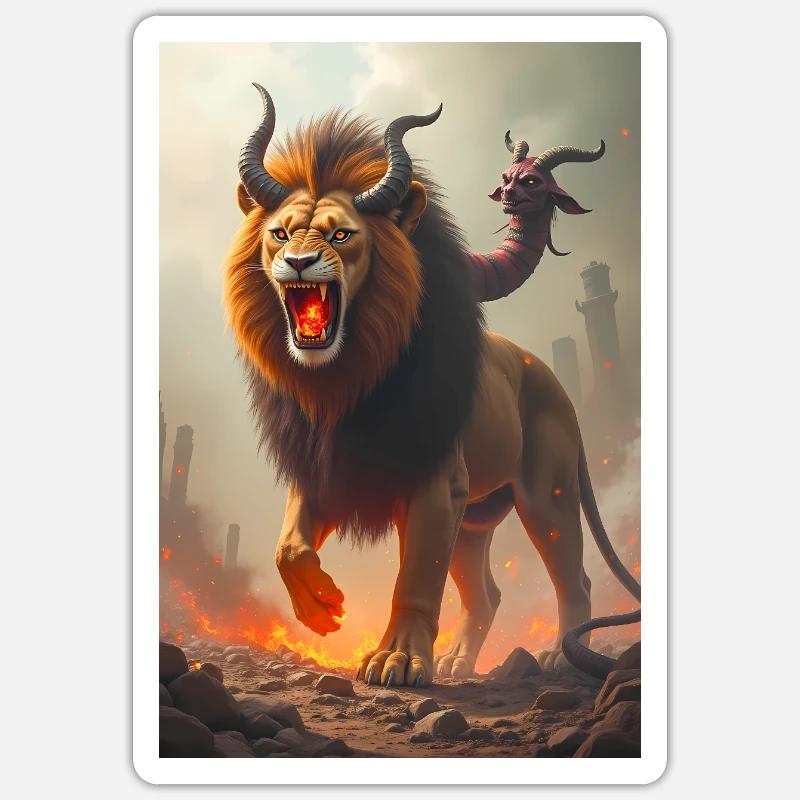 Chimäre, dreiköpfiges Monster, feuerspeiender Löwe - Sticker Größe S (10 x 10 cm) - Mattweiß