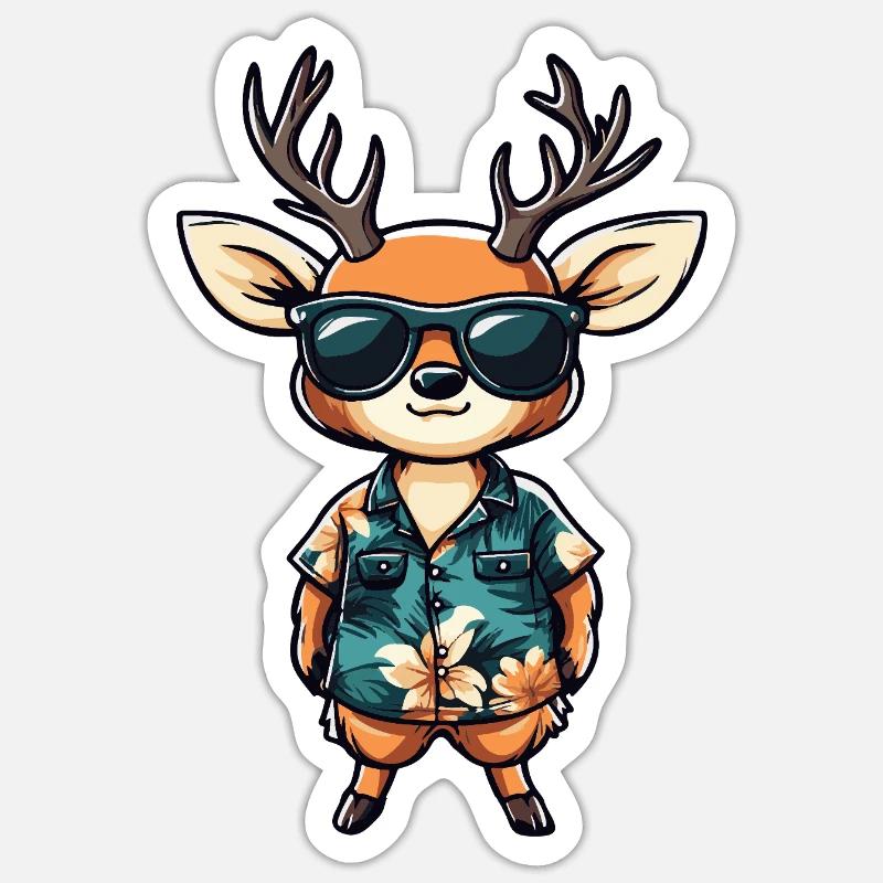 Cerf Bande dessinée Drôle d’été - Sticker taille S (10 x 10 cm) - blanc mat