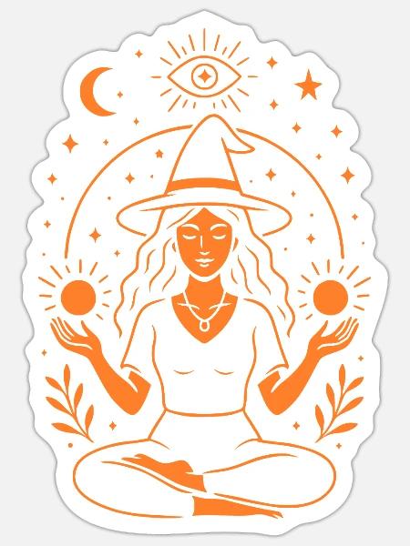 Hexe in der Meditation Magie und Energie Orange - Sticker Größe S (10 x 10 cm) - Mattweiß