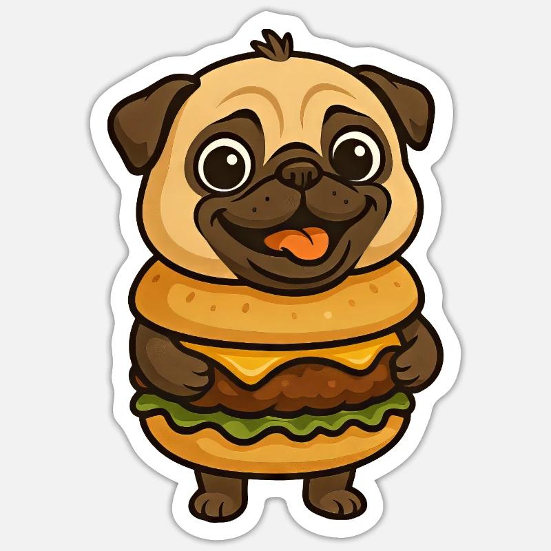 Lustiger Mops mit Hamburger Cheeseburger Fabeltier Sticker Größe S (10 x 10 cm)