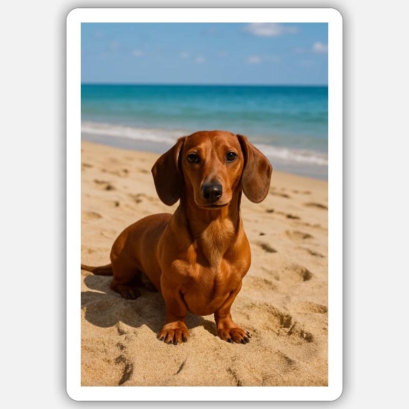 Dackel am Strand - Sticker Größe S (10 x 10 cm) - Mattweiß