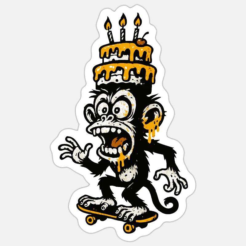 Illustration de gâteau d’anniversaire de singe absurde Sticker taille S (10 x 10 cm)