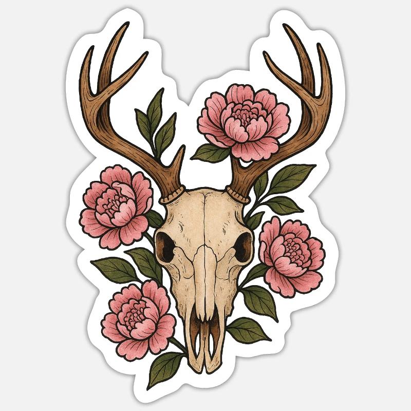 Peony Skull Deer Emblem - Sticker size S (10 x 10 cm) - white matte
