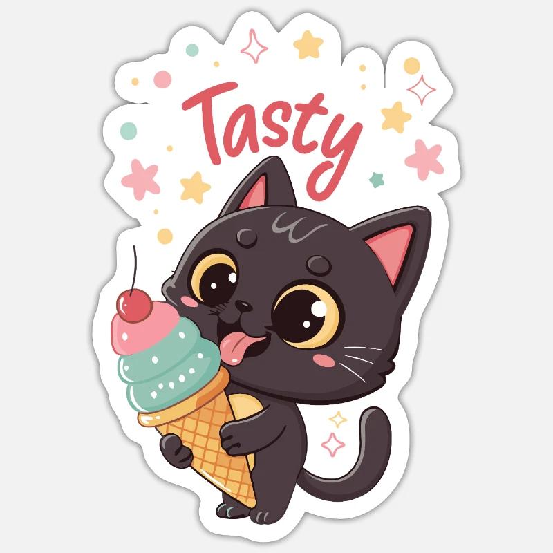 Chat gourmand et crème glacée - Sticker size S (10 x 10 cm) - white matte