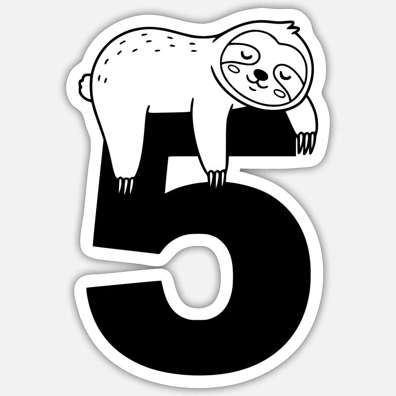 Sleeping sloth on the number five Sticker size S (10 x 10 cm)