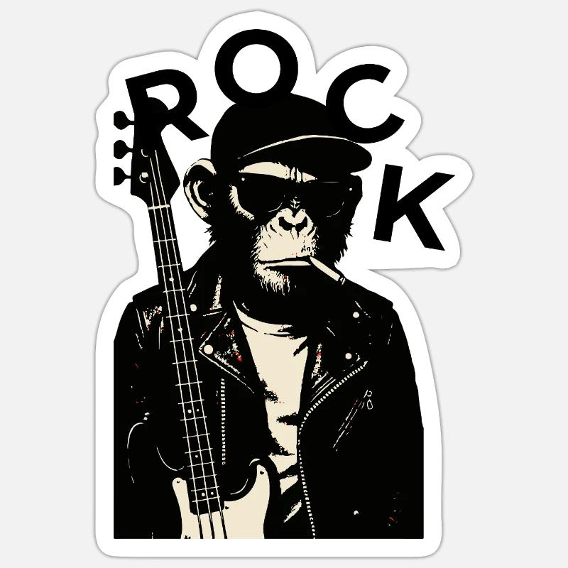 Monkey Biker Guitariste de rock - Sticker taille S (10 x 10 cm) - blanc mat