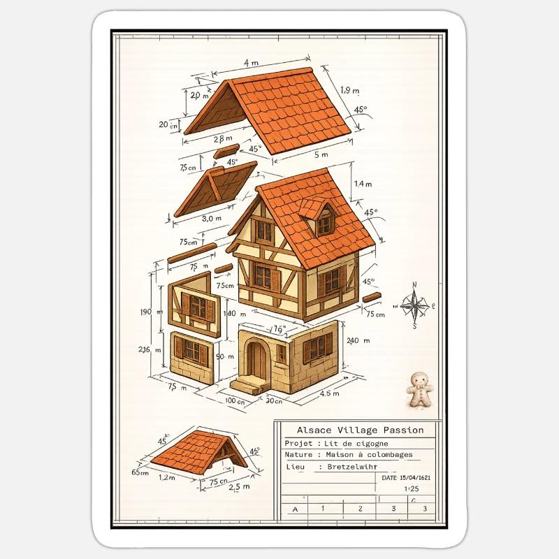 Maison colombages Alsacienne plan architecte  - Sticker taille S (10 x 10 cm) - blanc mat