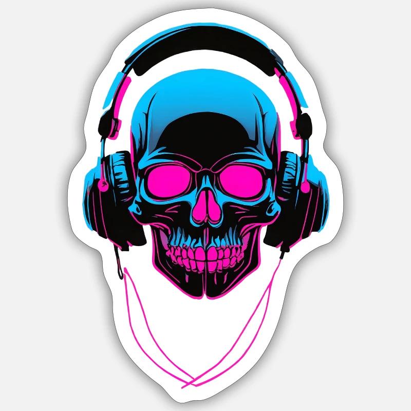 Neon Skull mit Kopfhörern - Sticker Größe S (10 x 10 cm) - Mattweiß